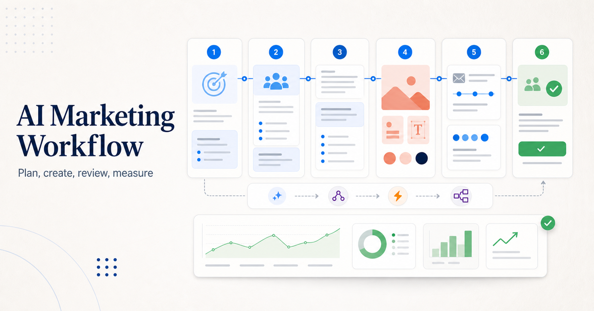 AI marketing workflow for small business campaign board with planning creative review and measurement stages