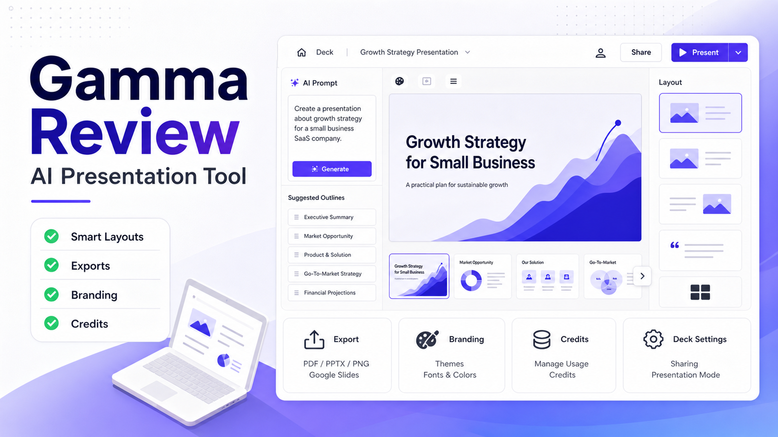Gamma review featured image showing an AI presentation builder dashboard for small business decks