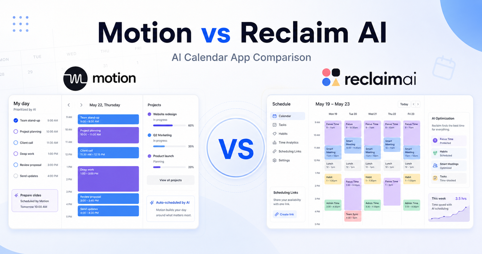 Motion vs Reclaim AI calendar app comparison graphic