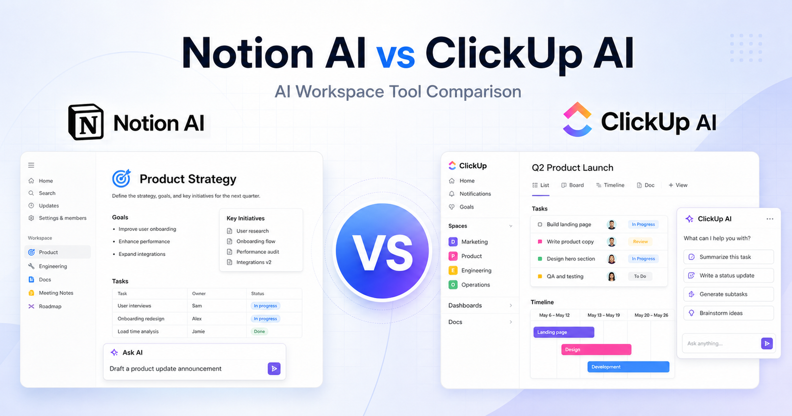 Notion AI vs ClickUp AI workspace tool comparison graphic