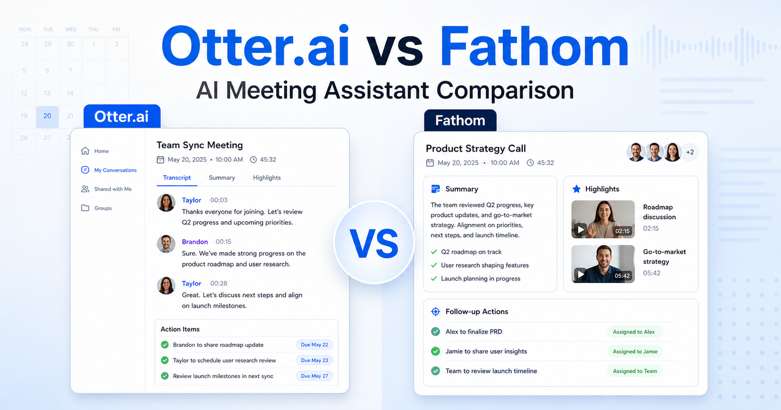 Otter.ai vs Fathom AI meeting assistant comparison graphic